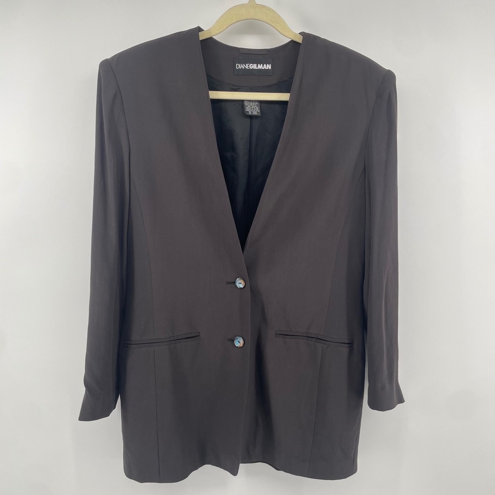 Diane Gilman Blazer Womens 8 Gray 100% Silk Collarless 90s Professional Jacket